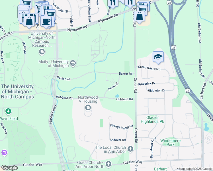 map of restaurants, bars, coffee shops, grocery stores, and more near 1665 Dean Road in Ann Arbor