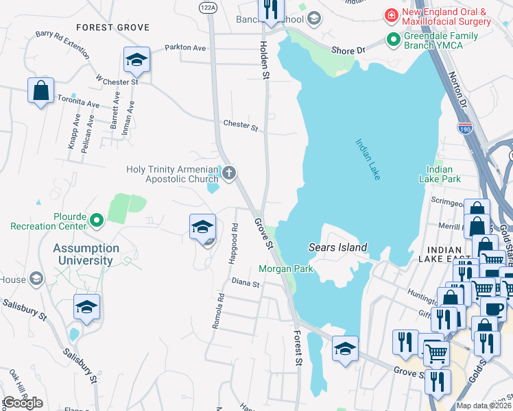 map of restaurants, bars, coffee shops, grocery stores, and more near 11 Holden Street in Worcester