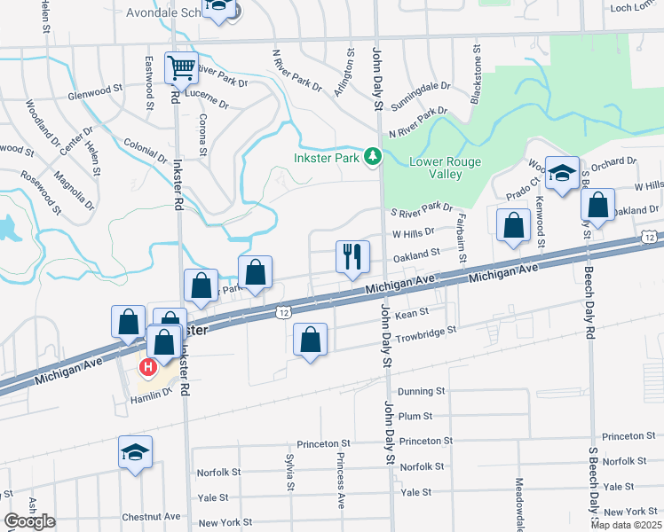 map of restaurants, bars, coffee shops, grocery stores, and more near 26752 Oakland Street in Inkster