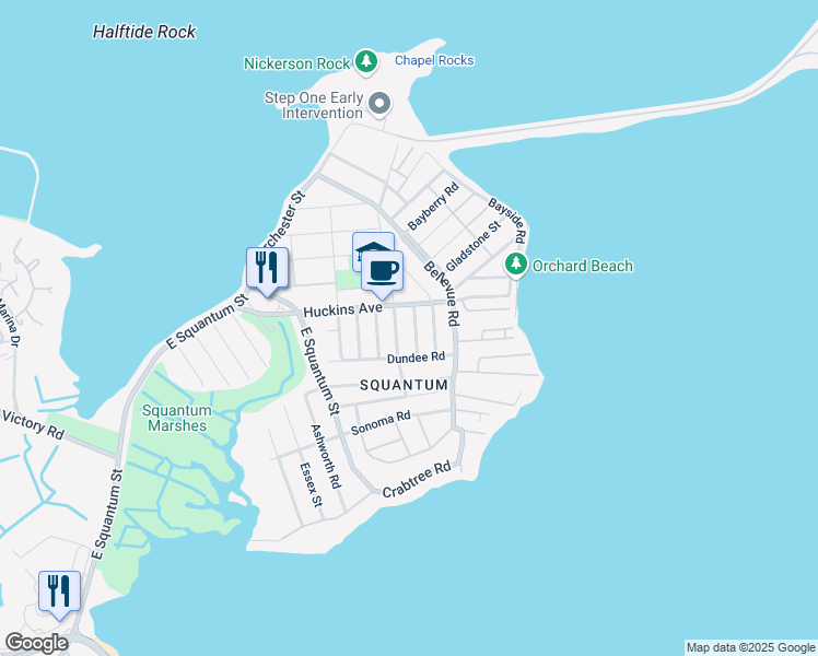 map of restaurants, bars, coffee shops, grocery stores, and more near 101 Huckins Avenue in Quincy