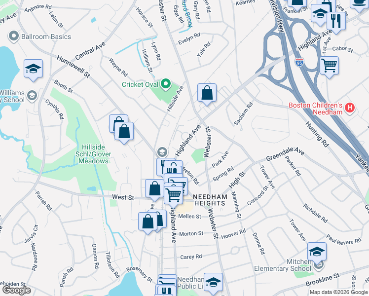 map of restaurants, bars, coffee shops, grocery stores, and more near 740 Highland Avenue in Needham