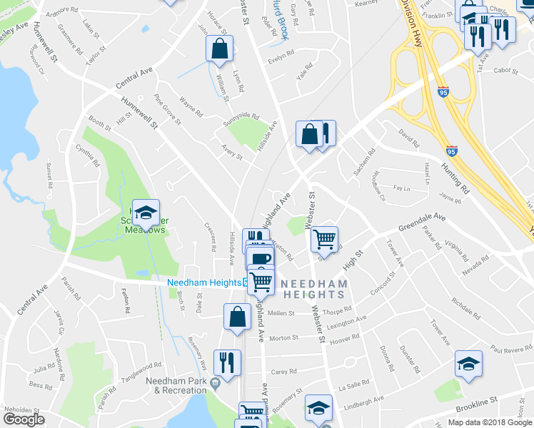 map of restaurants, bars, coffee shops, grocery stores, and more near 757 Highland Avenue in Needham