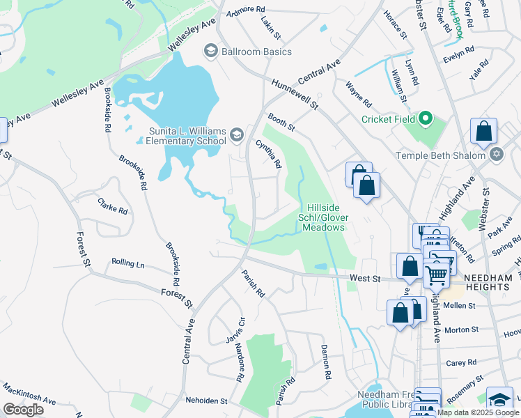 map of restaurants, bars, coffee shops, grocery stores, and more near 16 Cynthia Road in Needham