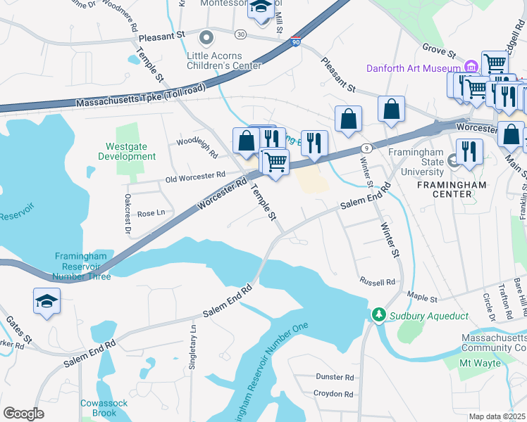 map of restaurants, bars, coffee shops, grocery stores, and more near 1224 Worcester Road in Framingham