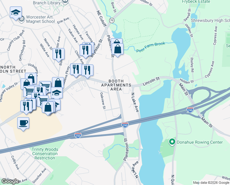map of restaurants, bars, coffee shops, grocery stores, and more near 655 Plantation Street in Worcester