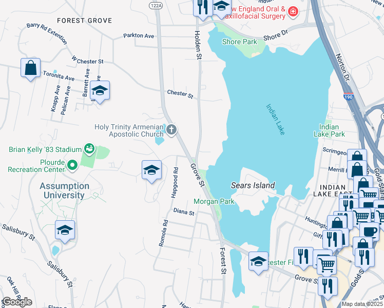 map of restaurants, bars, coffee shops, grocery stores, and more near 11 Holden Street in Worcester