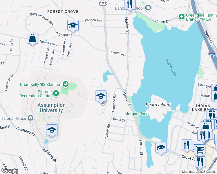map of restaurants, bars, coffee shops, grocery stores, and more near 21 Nelson Place in Worcester