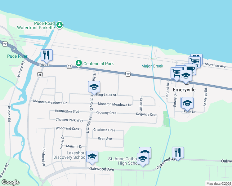 map of restaurants, bars, coffee shops, grocery stores, and more near 229 King John Street in Belle River