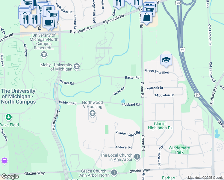 map of restaurants, bars, coffee shops, grocery stores, and more near 3350-3404 Baxter Road in Ann Arbor