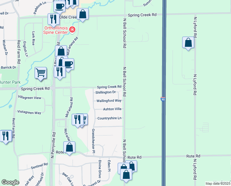 map of restaurants, bars, coffee shops, grocery stores, and more near 7434 Shillington Drive in Rockford