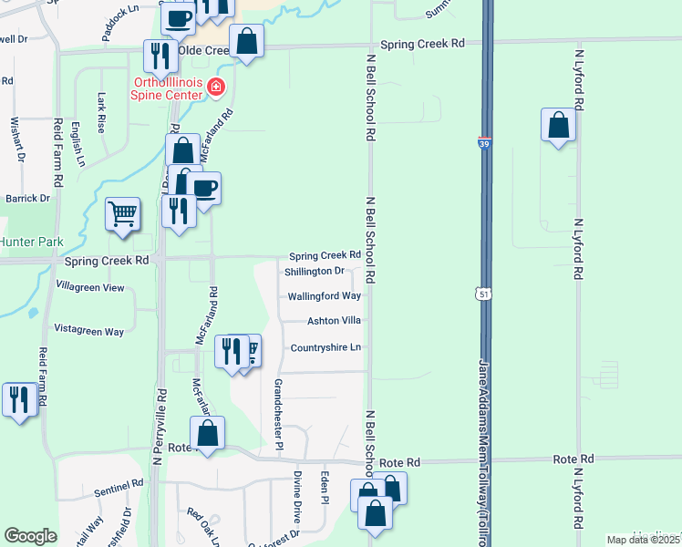 map of restaurants, bars, coffee shops, grocery stores, and more near 7434 Shillington Drive in Rockford
