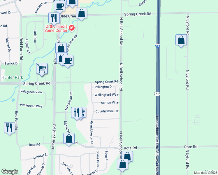 map of restaurants, bars, coffee shops, grocery stores, and more near 7360 Shillington Drive in Rockford