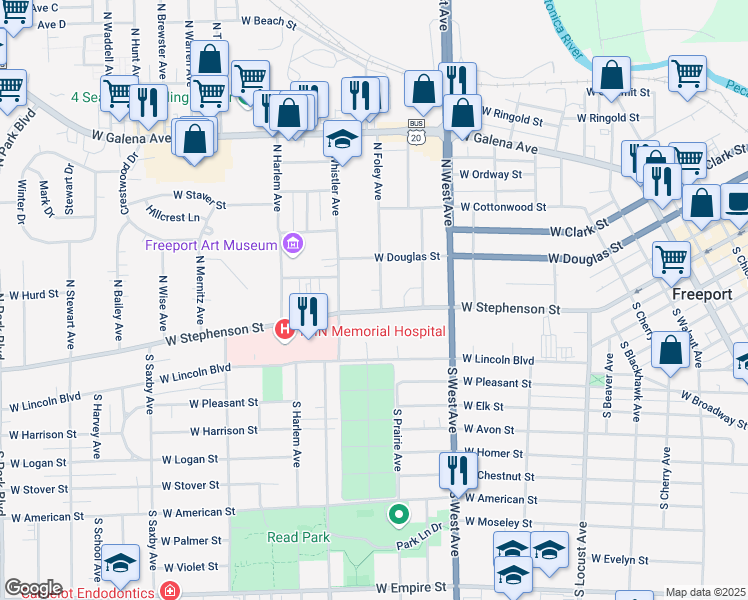 map of restaurants, bars, coffee shops, grocery stores, and more near 102 North Foley Avenue in Freeport