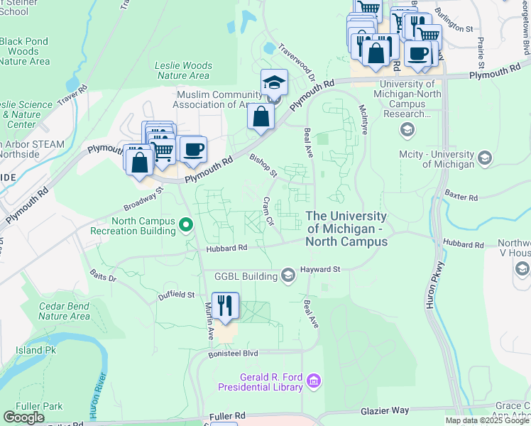 map of restaurants, bars, coffee shops, grocery stores, and more near 2249 Cram Place in Ann Arbor