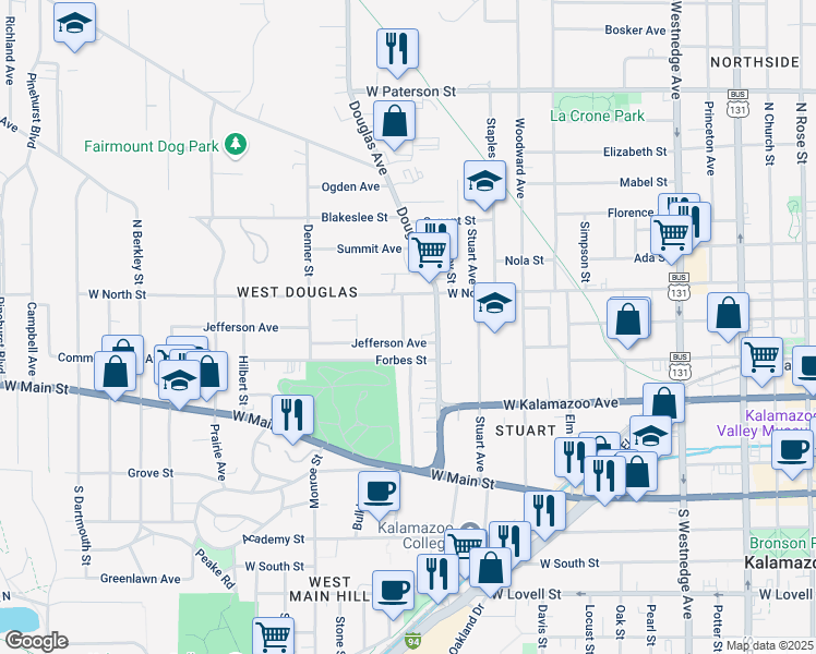 map of restaurants, bars, coffee shops, grocery stores, and more near 632 Summer Street in Kalamazoo