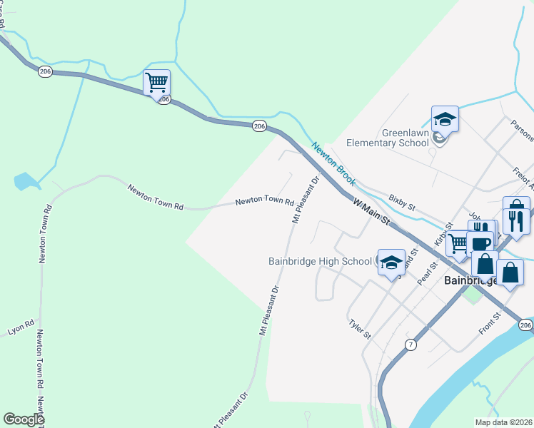 map of restaurants, bars, coffee shops, grocery stores, and more near 1 Newton Town Rd in Bainbridge