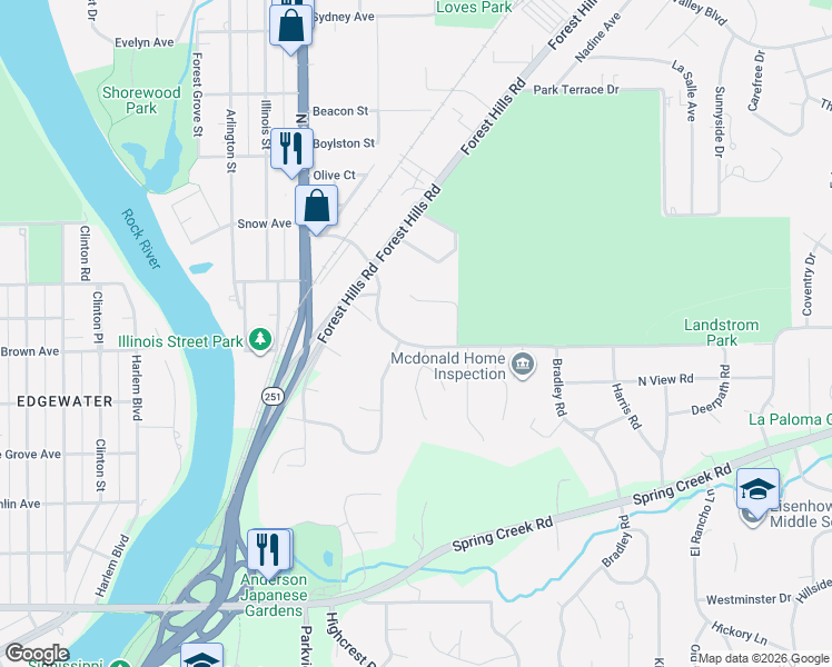 map of restaurants, bars, coffee shops, grocery stores, and more near 2619 Norwood Drive in Rockford