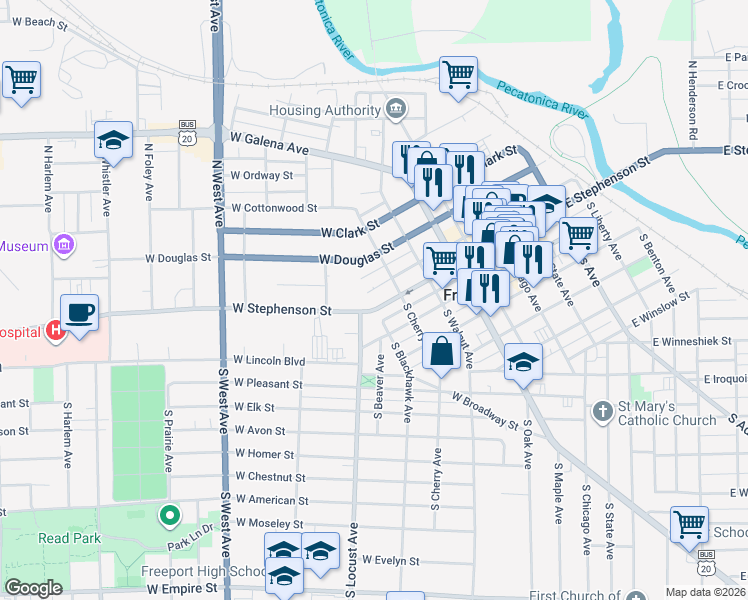 map of restaurants, bars, coffee shops, grocery stores, and more near 6 North Cherry Avenue in Freeport