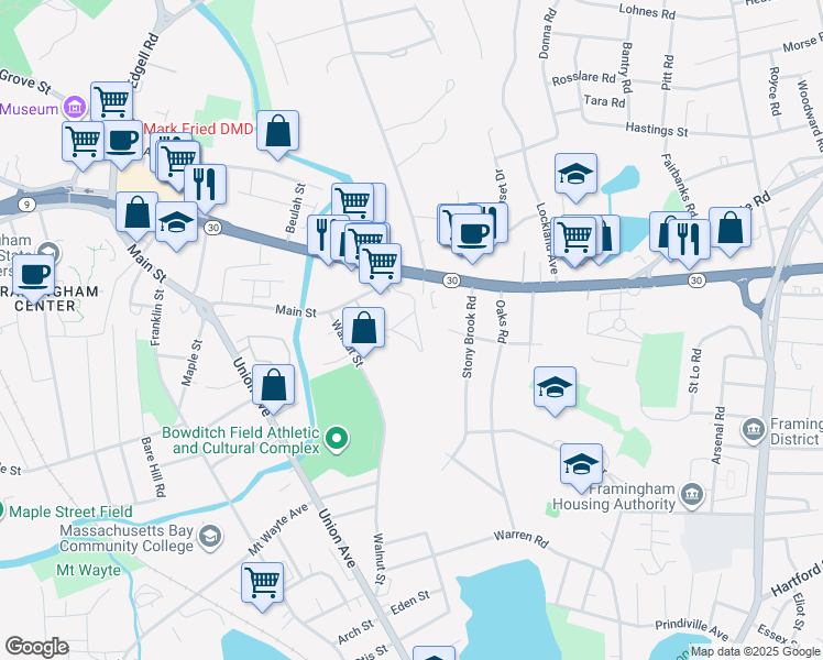 map of restaurants, bars, coffee shops, grocery stores, and more near 5 Georgetown Drive in Framingham