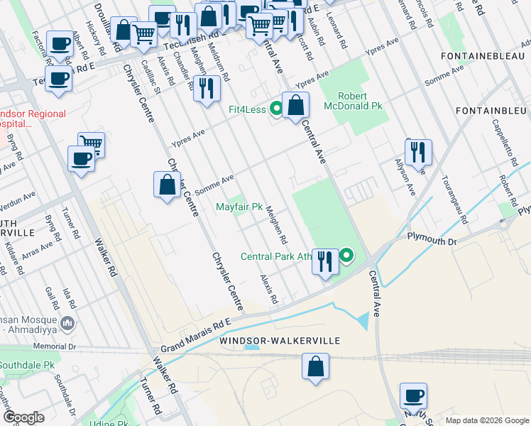 map of restaurants, bars, coffee shops, grocery stores, and more near 2571 Meighen Road in Windsor