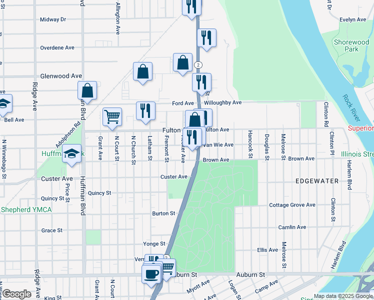 map of restaurants, bars, coffee shops, grocery stores, and more near 2215 Hecker Avenue in Rockford