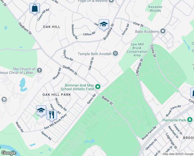 map of restaurants, bars, coffee shops, grocery stores, and more near 18 Peregrine Road in Newton
