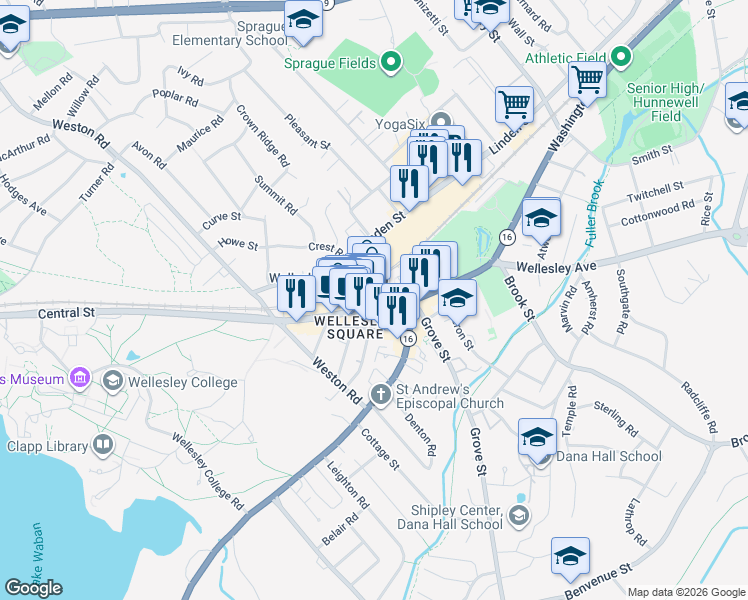 map of restaurants, bars, coffee shops, grocery stores, and more near 1 Crest Road in Wellesley