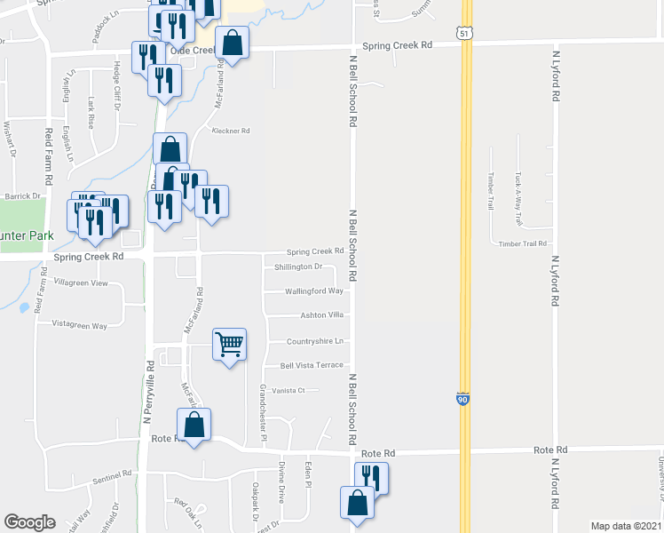 map of restaurants, bars, coffee shops, grocery stores, and more near 7497 Shillington Drive in Rockford