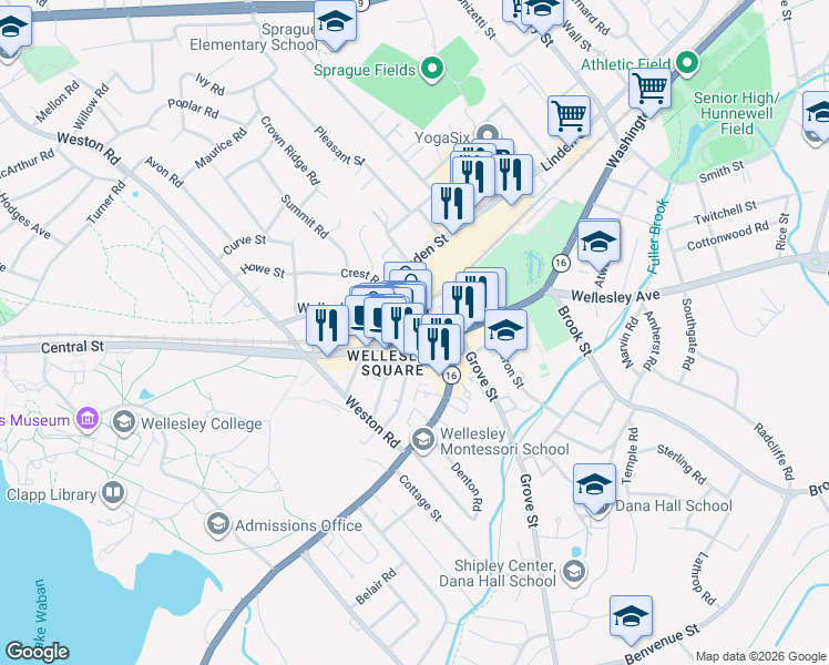 map of restaurants, bars, coffee shops, grocery stores, and more near in Wellesley