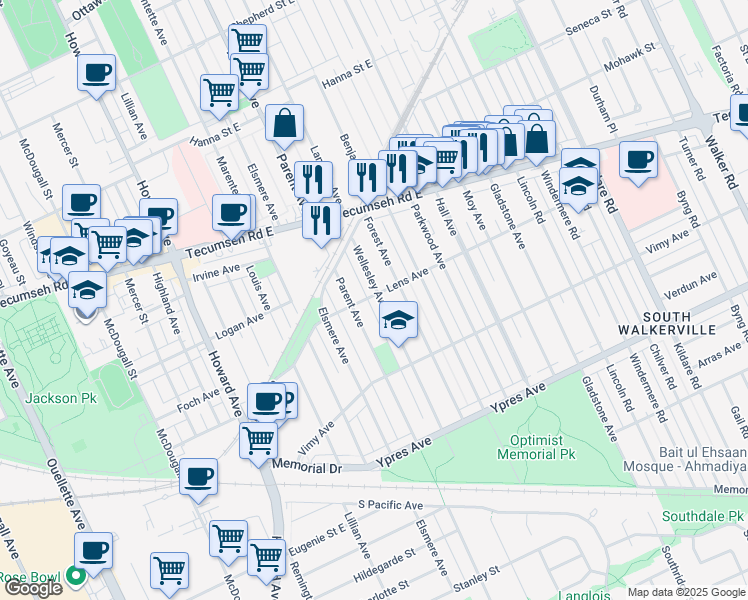 map of restaurants, bars, coffee shops, grocery stores, and more near in Windsor