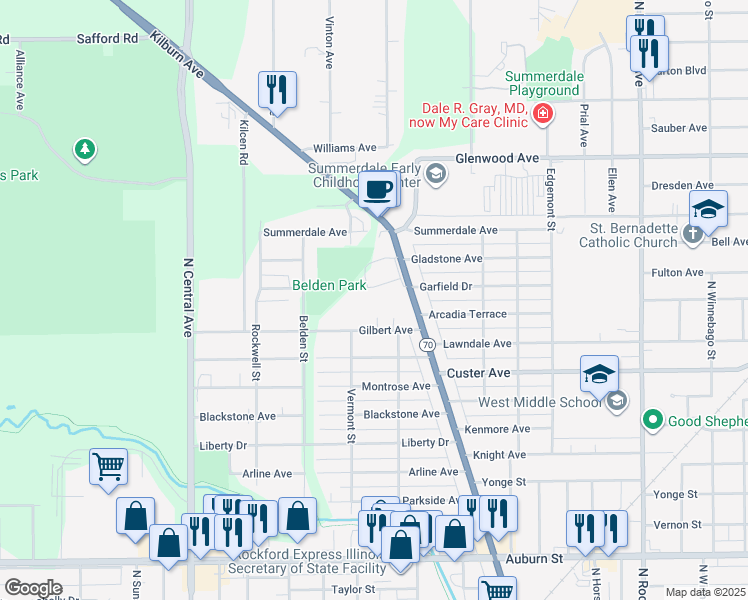 map of restaurants, bars, coffee shops, grocery stores, and more near 2330 Kilburn Avenue in Rockford