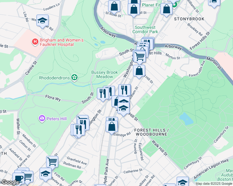 map of restaurants, bars, coffee shops, grocery stores, and more near 3840 Washington Street in Boston