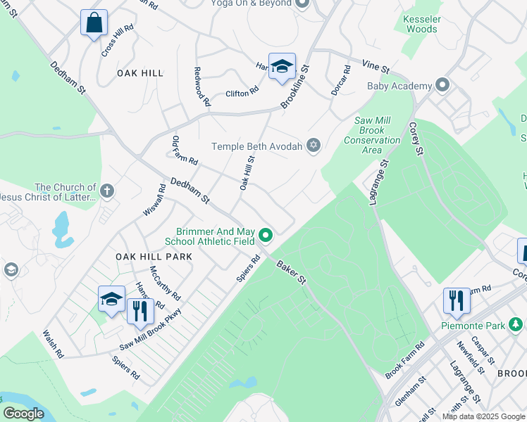 map of restaurants, bars, coffee shops, grocery stores, and more near 18 Peregrine Road in Newton