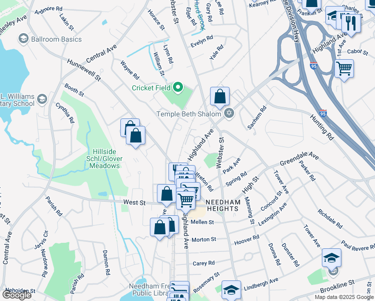 map of restaurants, bars, coffee shops, grocery stores, and more near 757 Highland Avenue in Needham