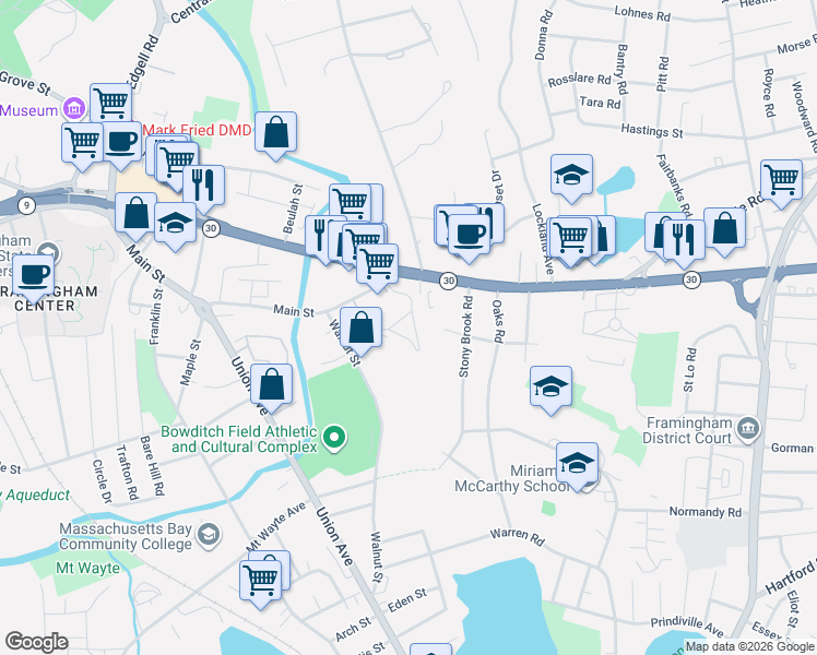 map of restaurants, bars, coffee shops, grocery stores, and more near 85 Georgetown Drive in Framingham