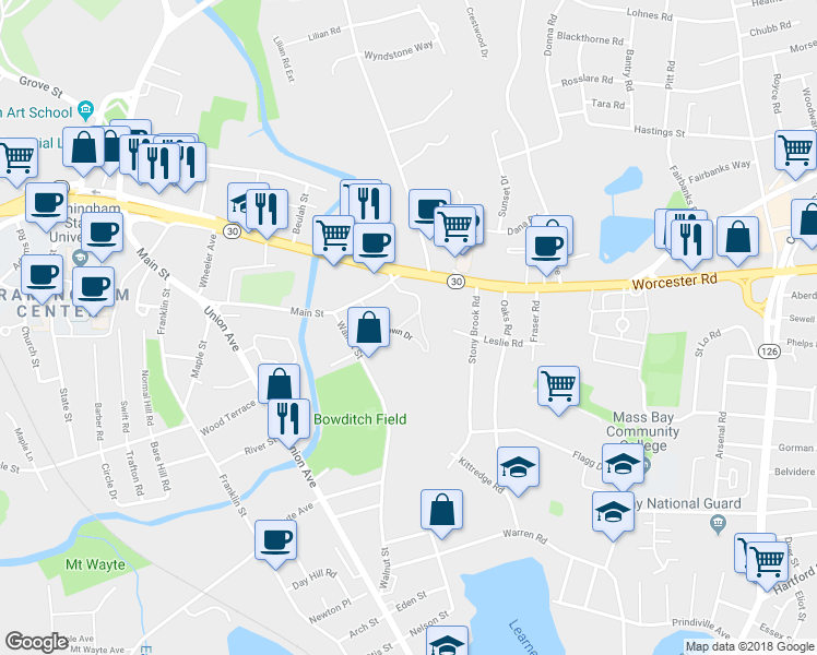map of restaurants, bars, coffee shops, grocery stores, and more near 85 Georgetown Drive in Framingham