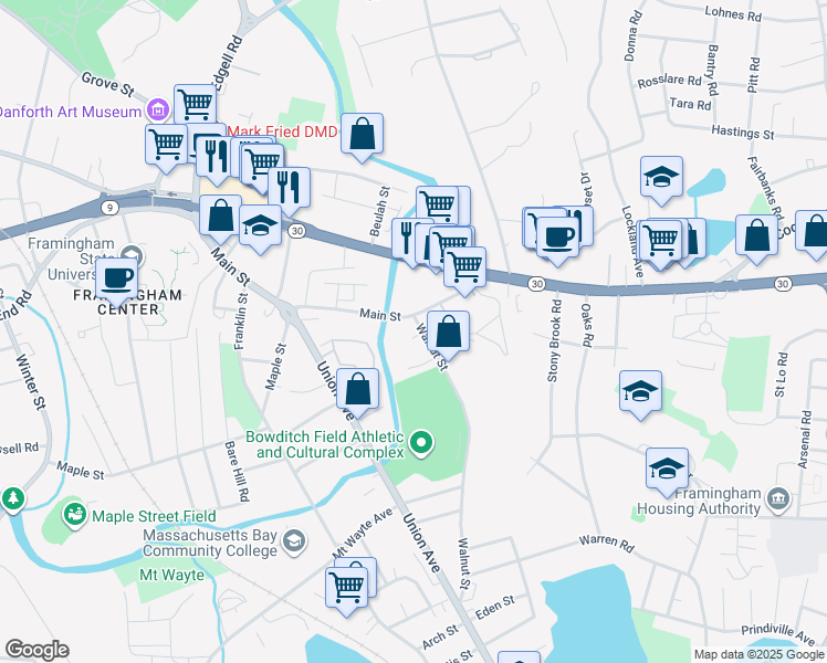 map of restaurants, bars, coffee shops, grocery stores, and more near 235 Walnut Street in Framingham