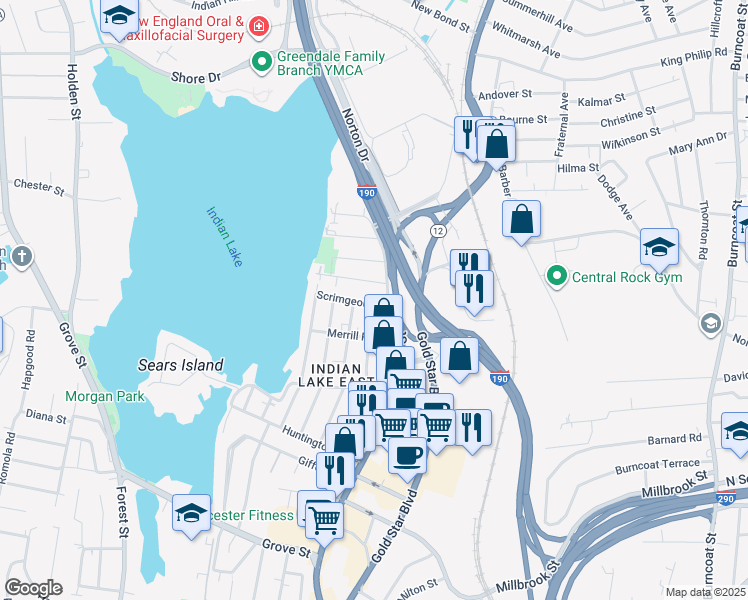 map of restaurants, bars, coffee shops, grocery stores, and more near 7 Sherburne Avenue in Worcester