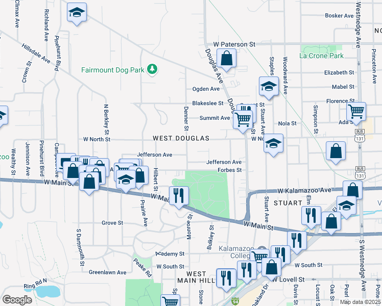 map of restaurants, bars, coffee shops, grocery stores, and more near 1326 Jefferson Court in Kalamazoo