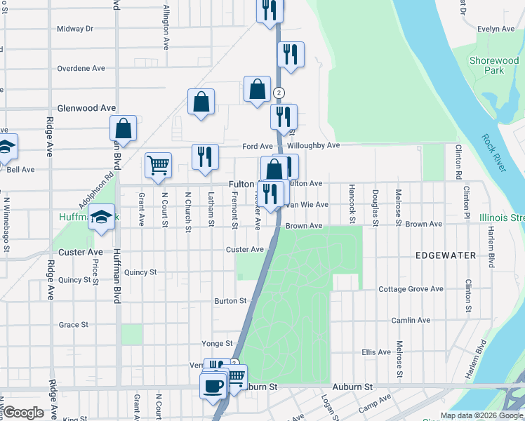 map of restaurants, bars, coffee shops, grocery stores, and more near 1107 Van Wie Avenue in Rockford