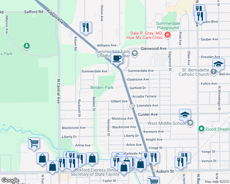 map of restaurants, bars, coffee shops, grocery stores, and more near 2330 Kilburn Avenue in Rockford