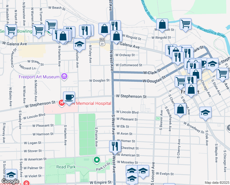 map of restaurants, bars, coffee shops, grocery stores, and more near 29 North Grove Avenue in Freeport