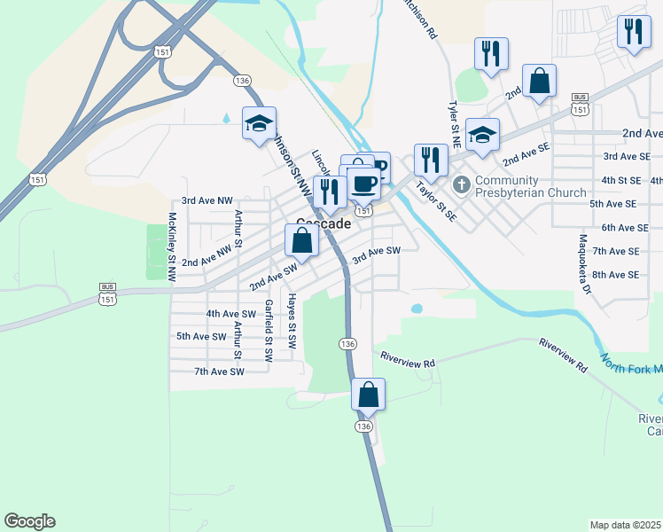 map of restaurants, bars, coffee shops, grocery stores, and more near 401 2nd Avenue Southwest in Cascade