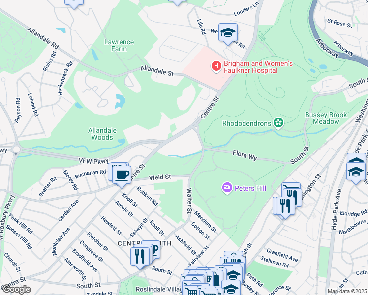 map of restaurants, bars, coffee shops, grocery stores, and more near 1200 Centre Street in Boston