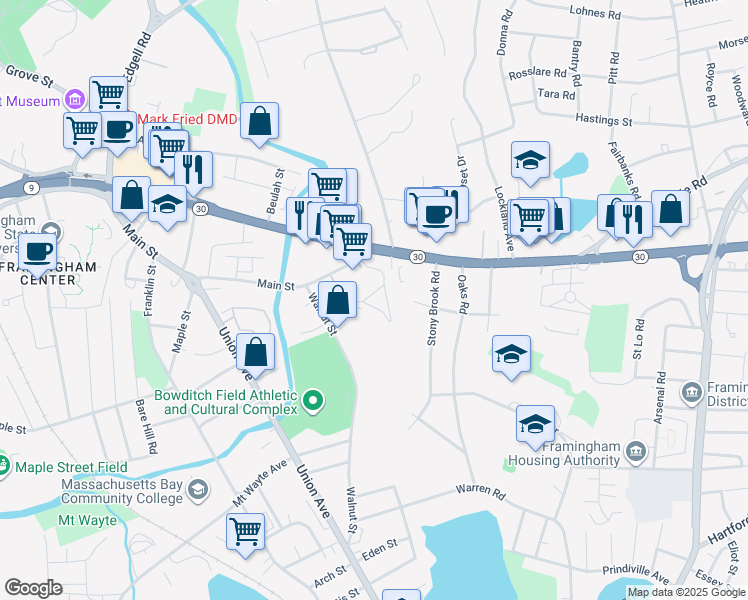 map of restaurants, bars, coffee shops, grocery stores, and more near 37 Georgetown Drive in Framingham