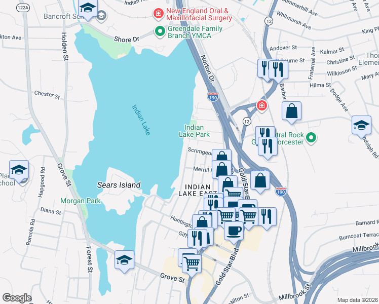 map of restaurants, bars, coffee shops, grocery stores, and more near 59 Scrimgeour Road in Worcester