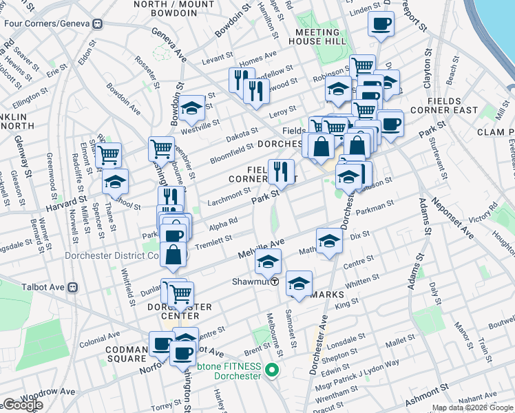 map of restaurants, bars, coffee shops, grocery stores, and more near in Boston