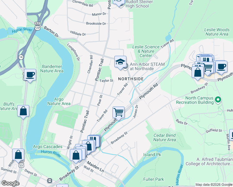 map of restaurants, bars, coffee shops, grocery stores, and more near 1609 Traver Road in Ann Arbor