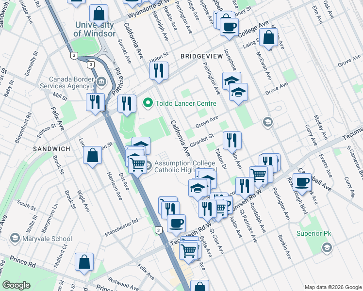 map of restaurants, bars, coffee shops, grocery stores, and more near 1091 California Avenue in Windsor