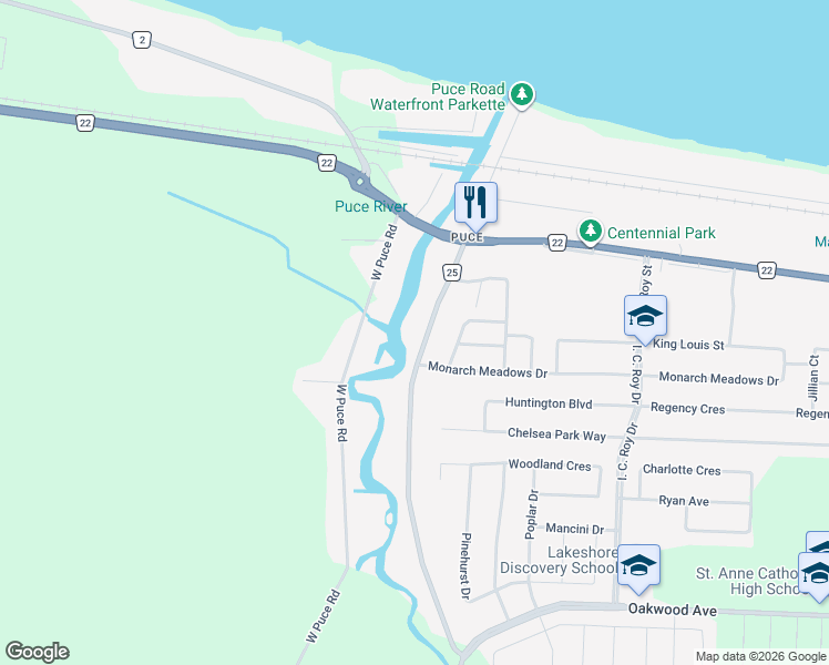 map of restaurants, bars, coffee shops, grocery stores, and more near 267 East Puce Road in Belle River